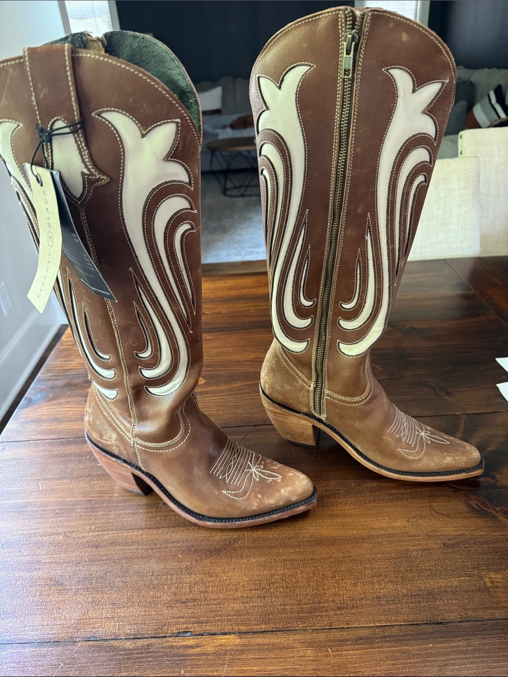 LIBERTY Black Brown Leather Western Knee-High Boots with White Inlay